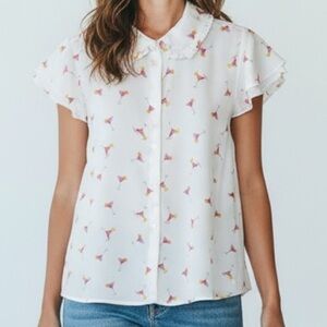 Autres Filles Novelty Martini Cocktail Print Flowy Feminine Blouse Size M *NWT*